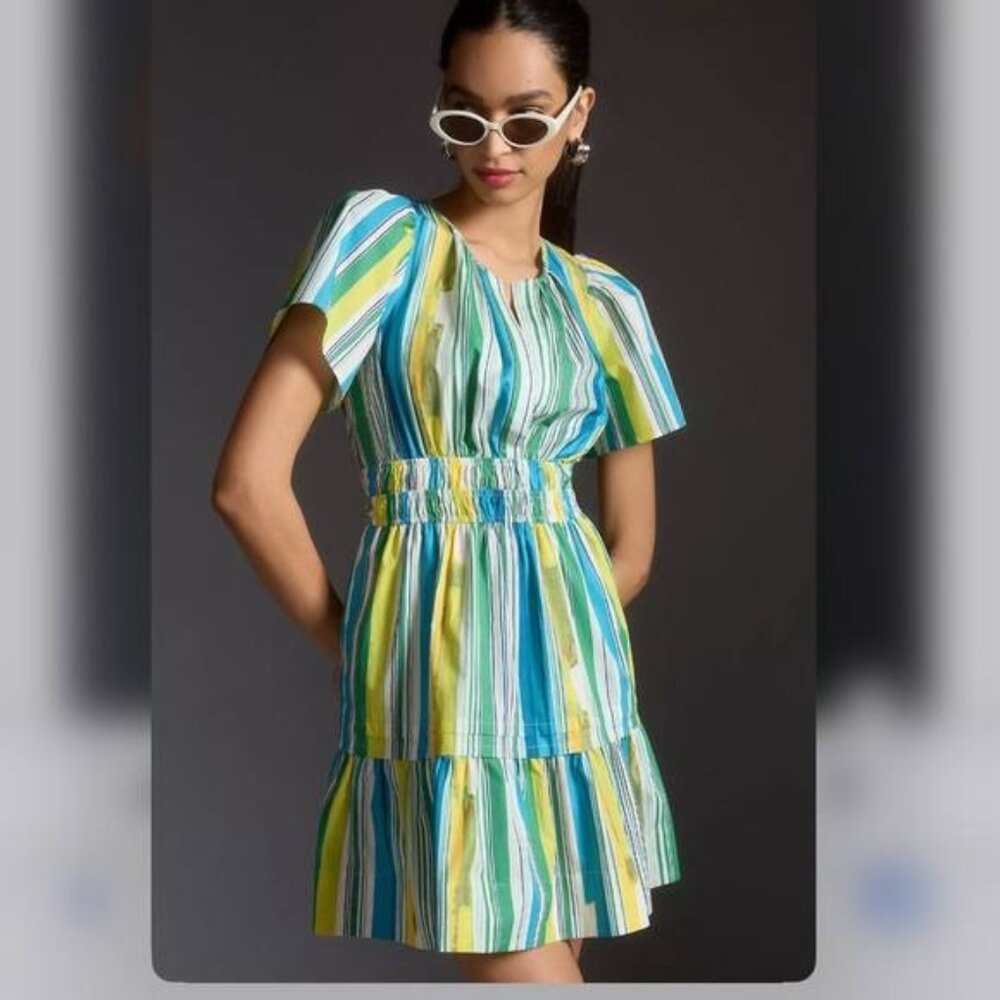 NWT Anthropologie Somerset Striped Maize Pail Summer Mini Dress S Boho Beach
